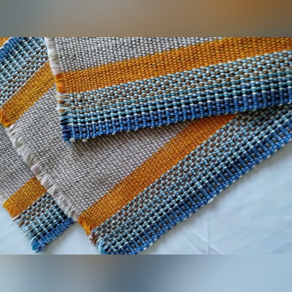 Vintage 70s Franco Woven Place mats 6X Set MCM Orange Blue Brown Tan Boho Retro